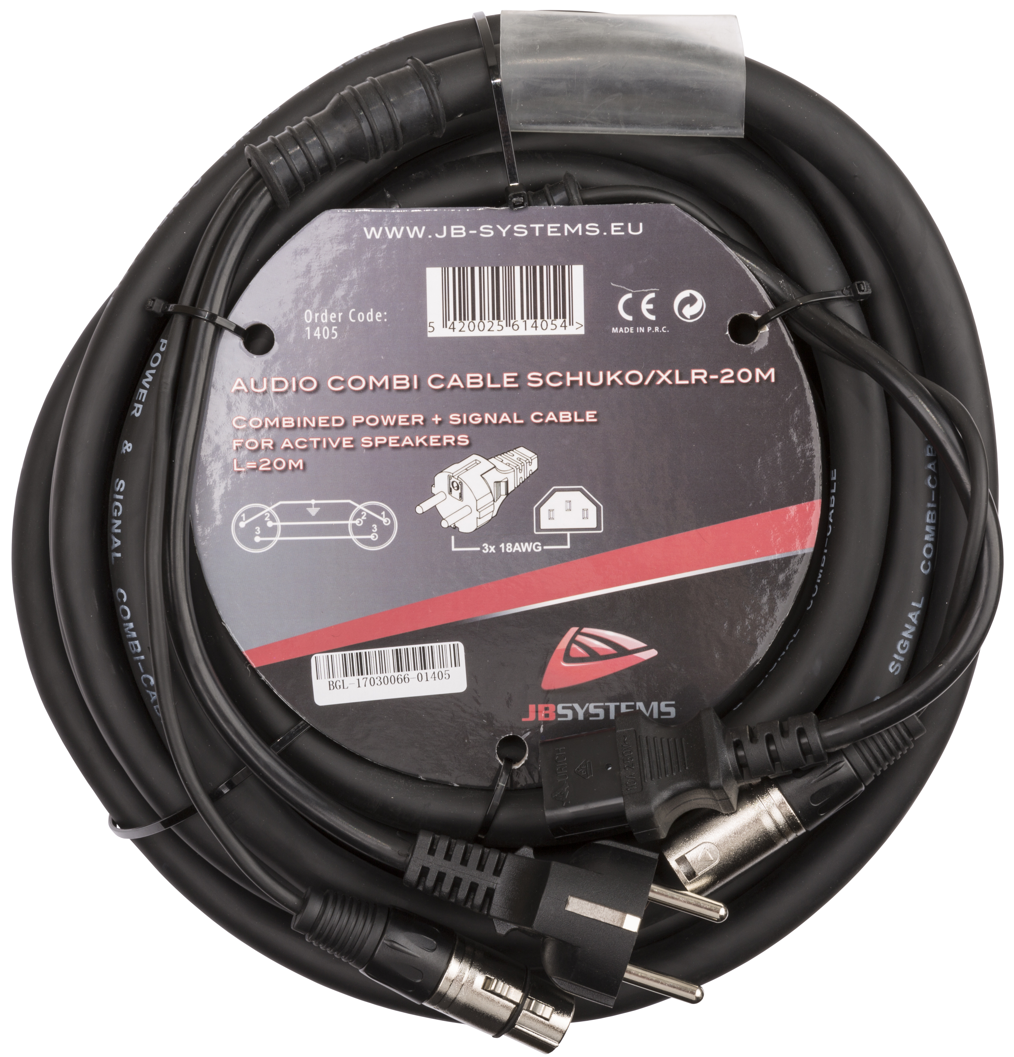 Power and signal combined in one 20m cable : Schuko, IEC and 3pin XLR