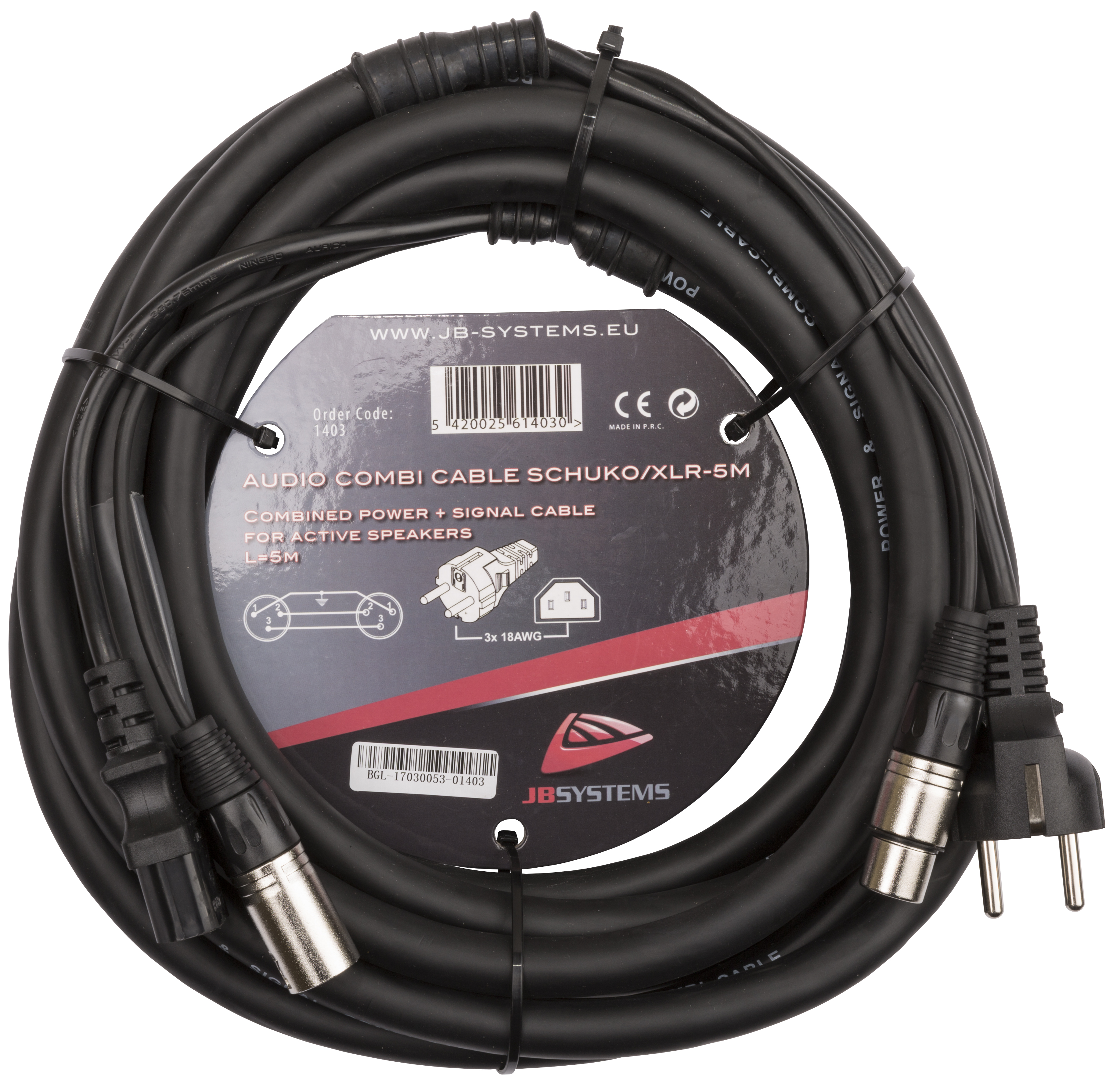 Power and signal combined in one 5m cable : Schuko, IEC and 3pin XLR