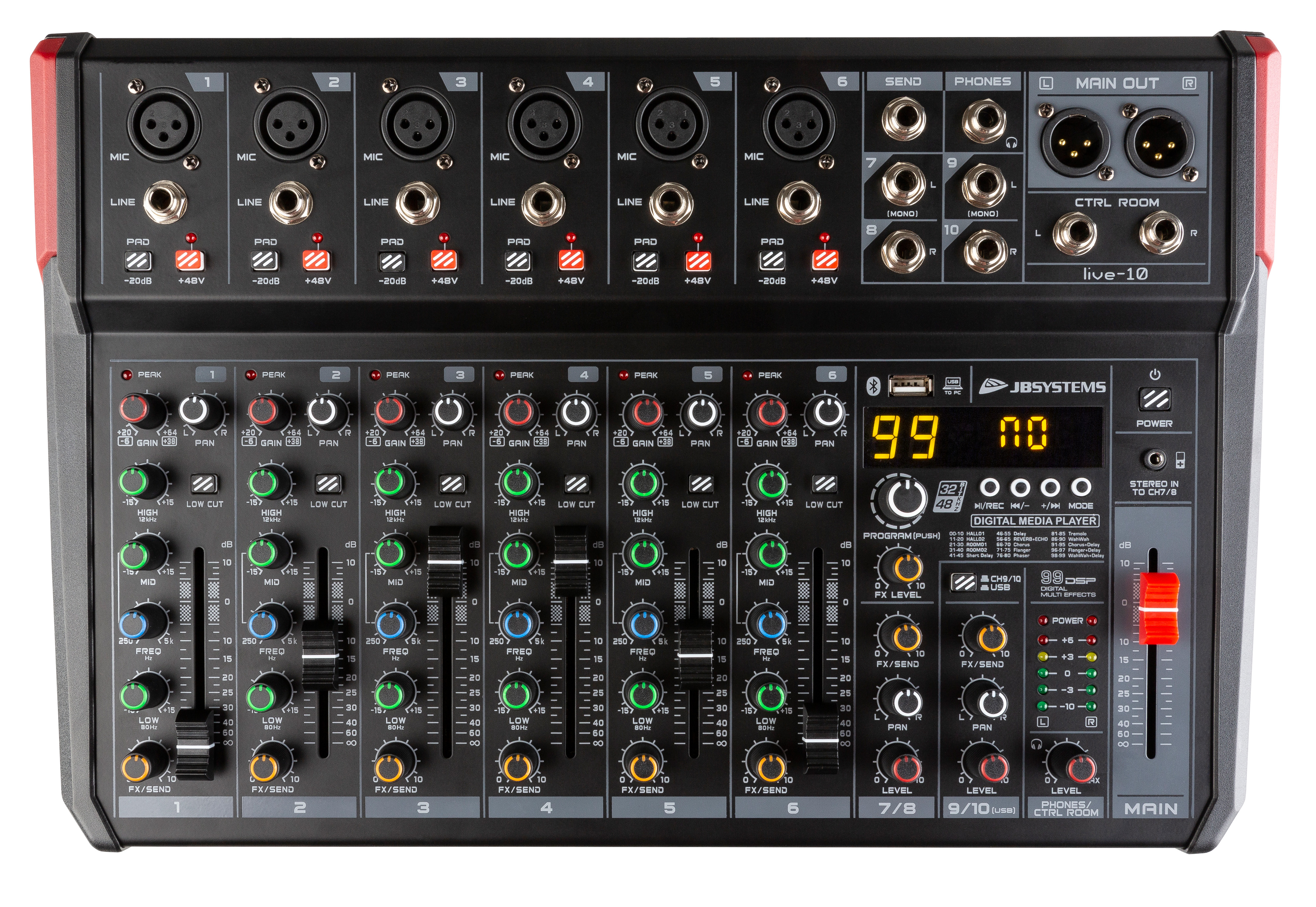 Versatile PA mixer in a handy compact format, 10 inputs / 8 channels