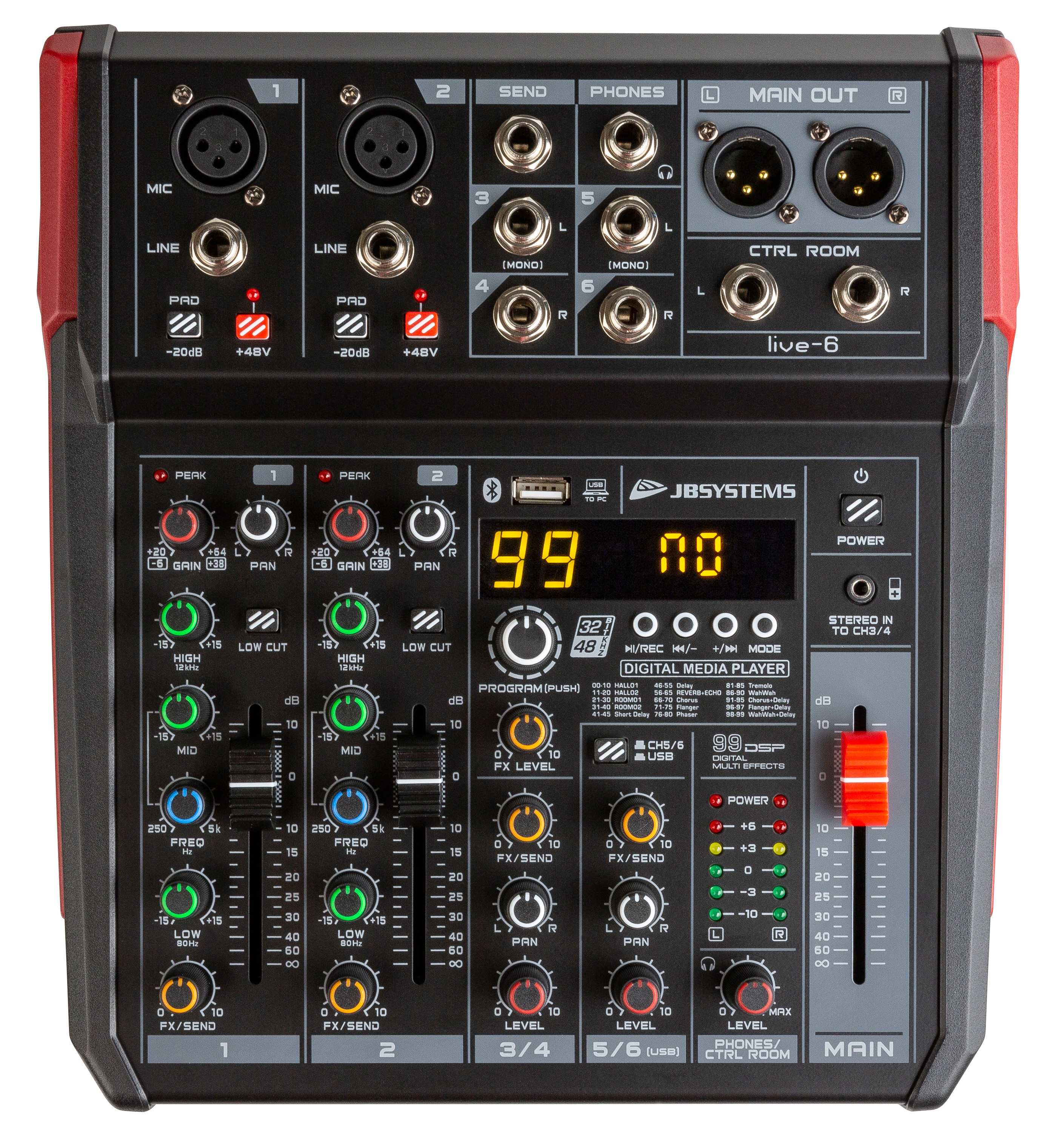 Versatile PA mixer in a handy compact format, 6 inputs / 4-channels