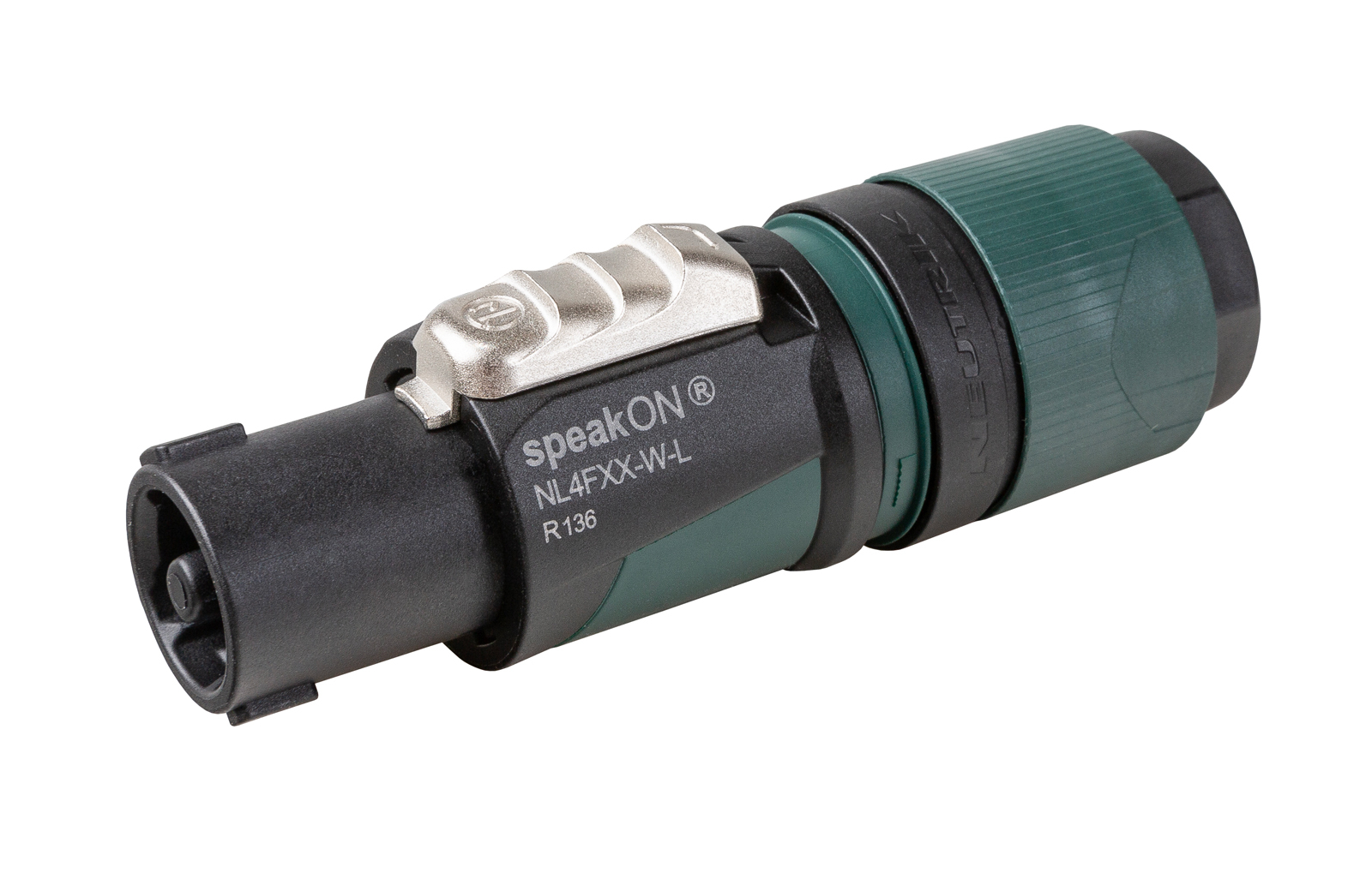 Neutrik 4-pole speakON cable connector, screw terminal assembly, chuck type strain relief for cable diameters 10 to 16 mm