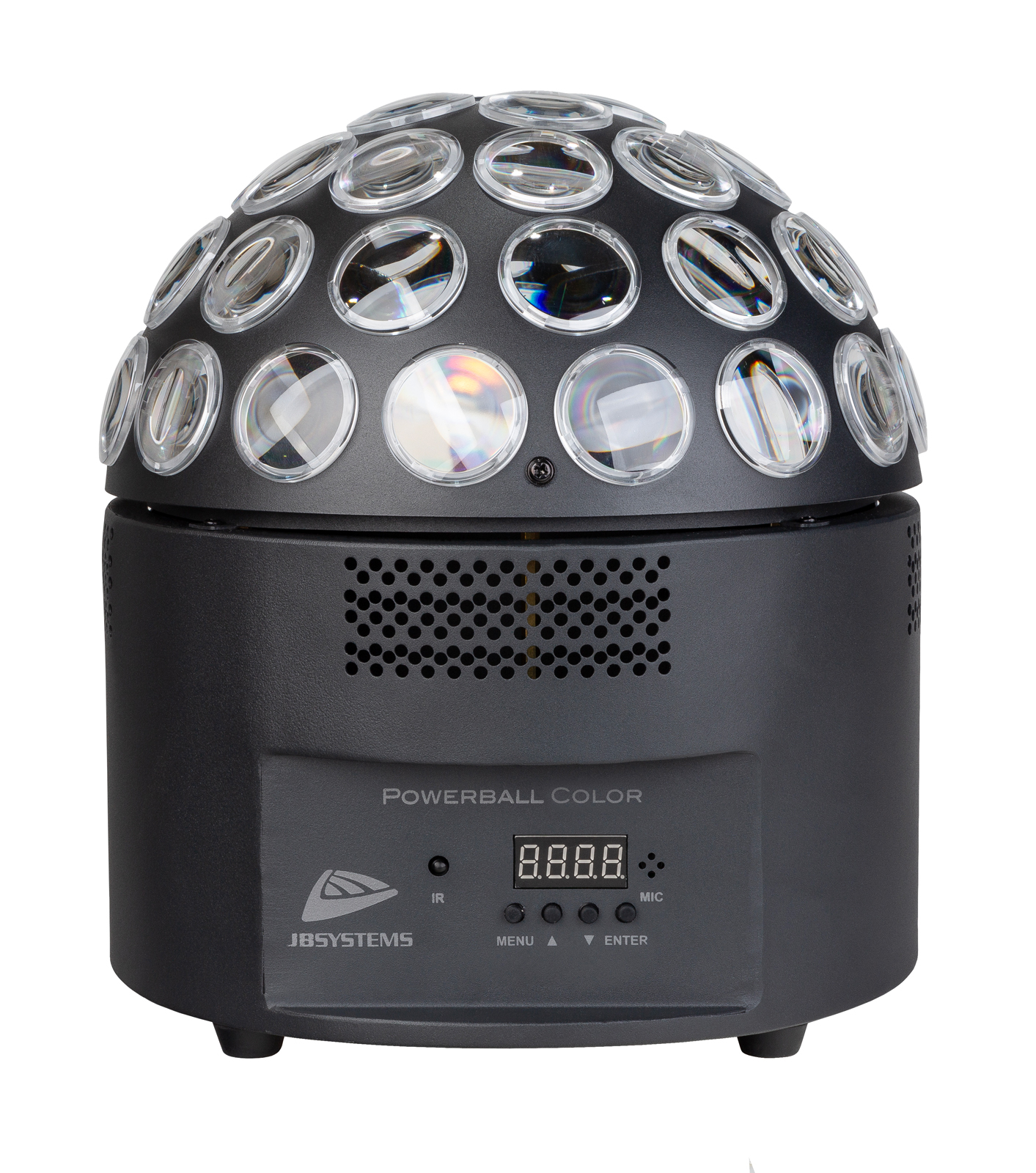 Powerful 200W LED alternative to the classic mirror ball with pin spots! Produces DMX, manual or sound controlled colorful spinning beams.